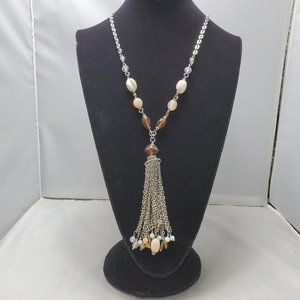 Ali Khan for Mystique natural color stone with silver chain tassel necklace